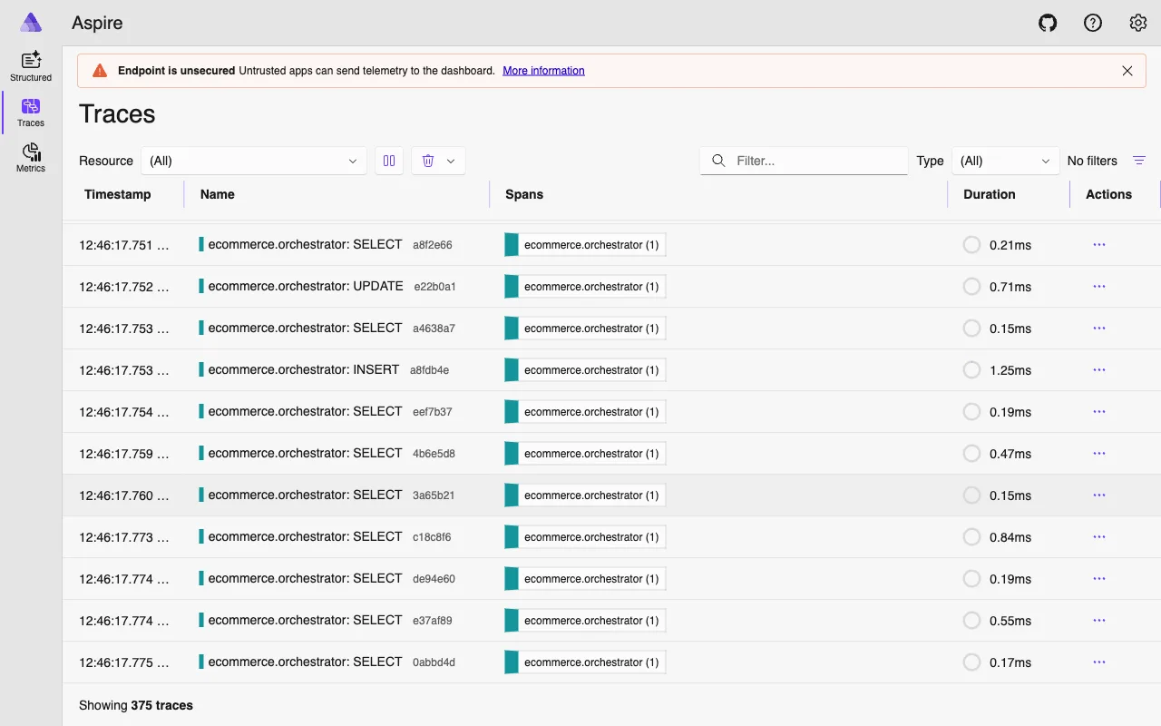 Aspire Dashboard trace showing memory recall during context loading