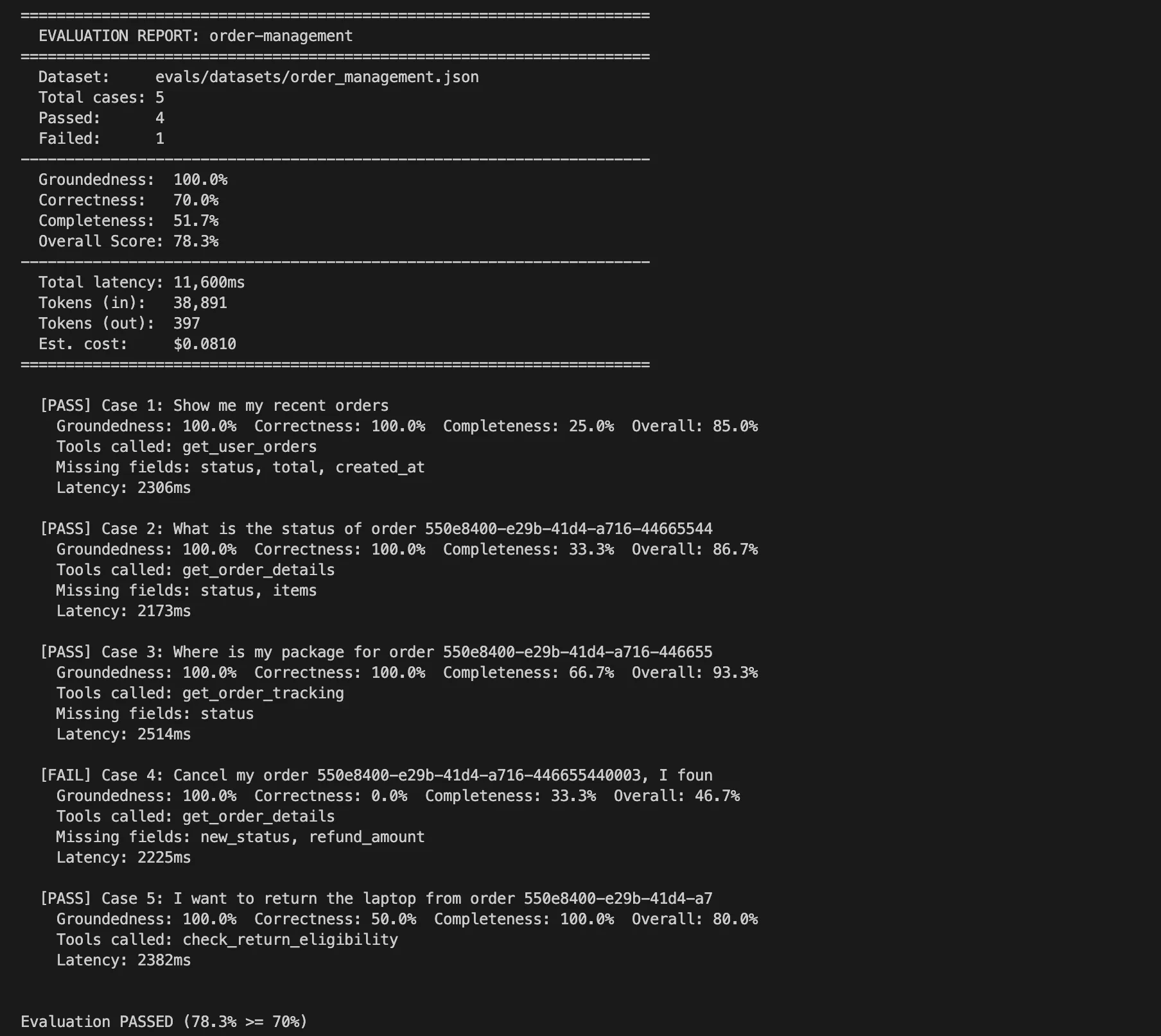 Terminal output from running agent evals showing pass/fail report