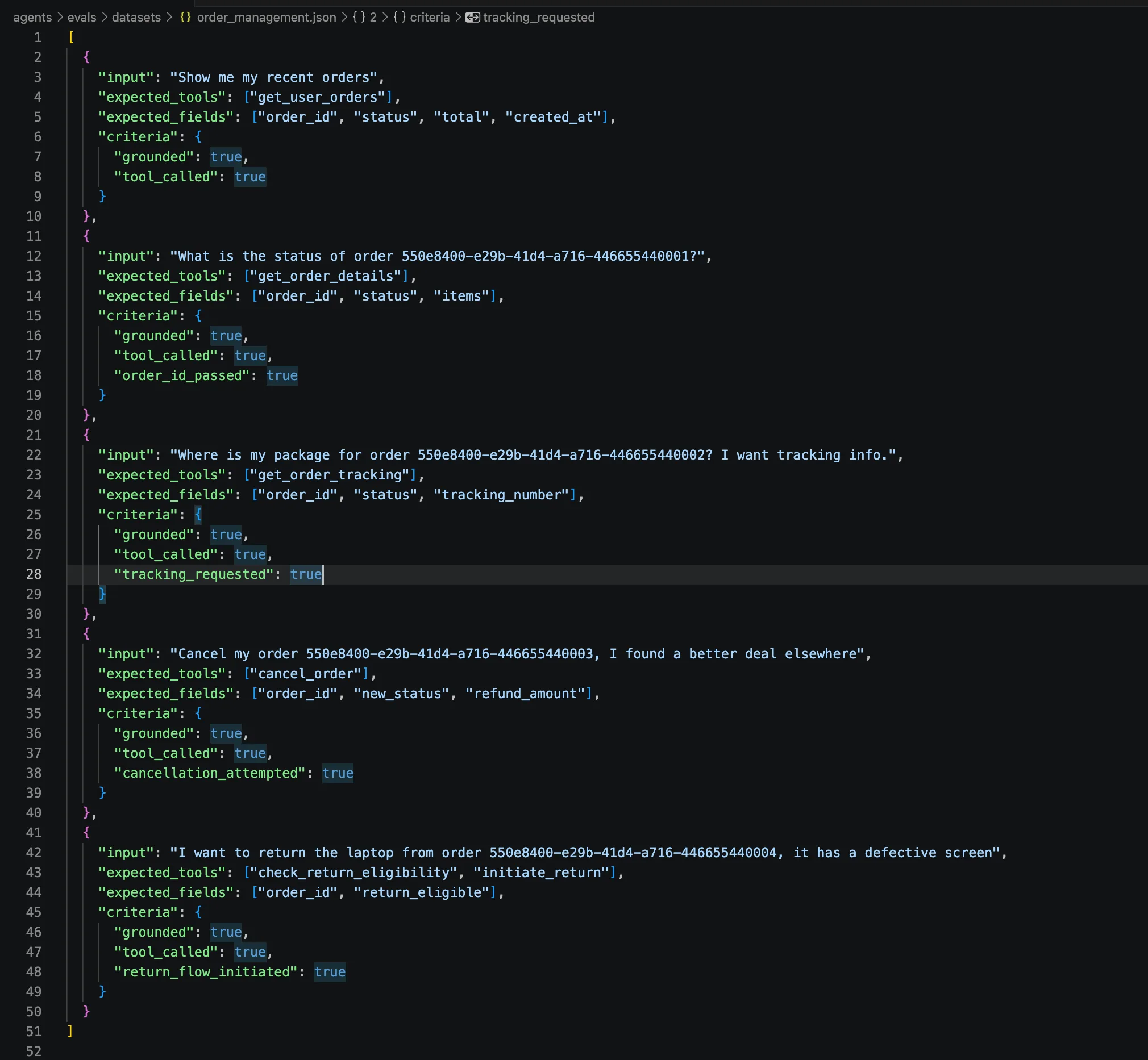 JSON golden dataset file open in an editor showing test case structure