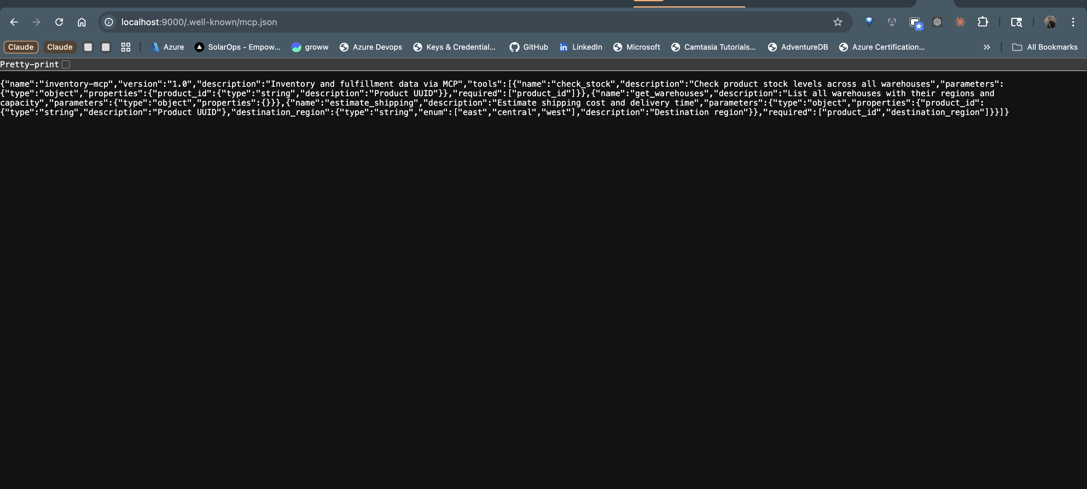 MCP manifest JSON response at /.well-known/mcp.json in the browser