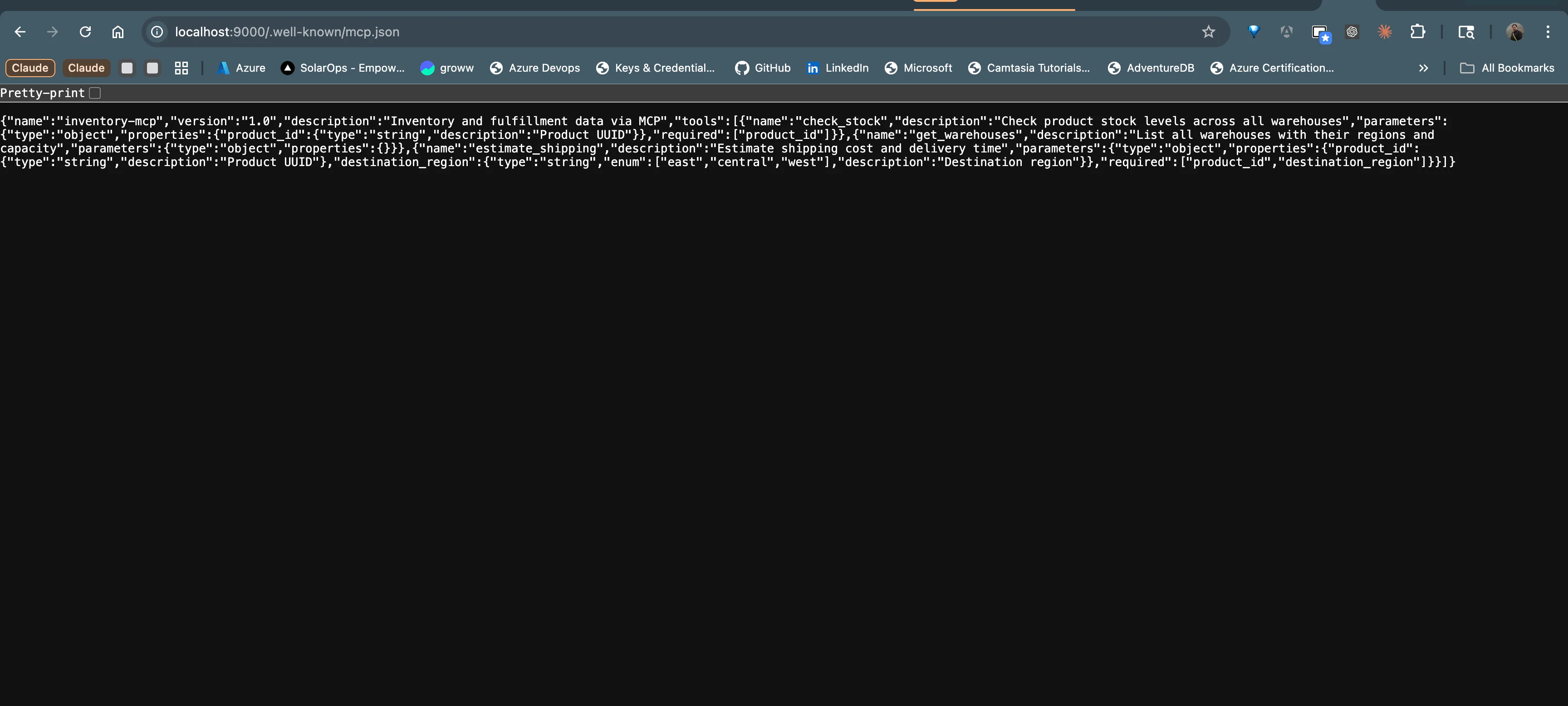 MCP manifest JSON response at /.well-known/mcp.json in the browser
