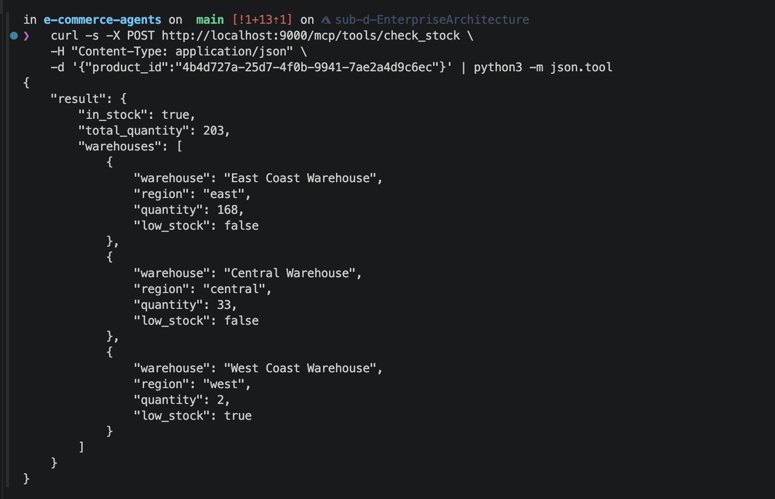 curl response from /mcp/tools/check_stock showing warehouse inventory data