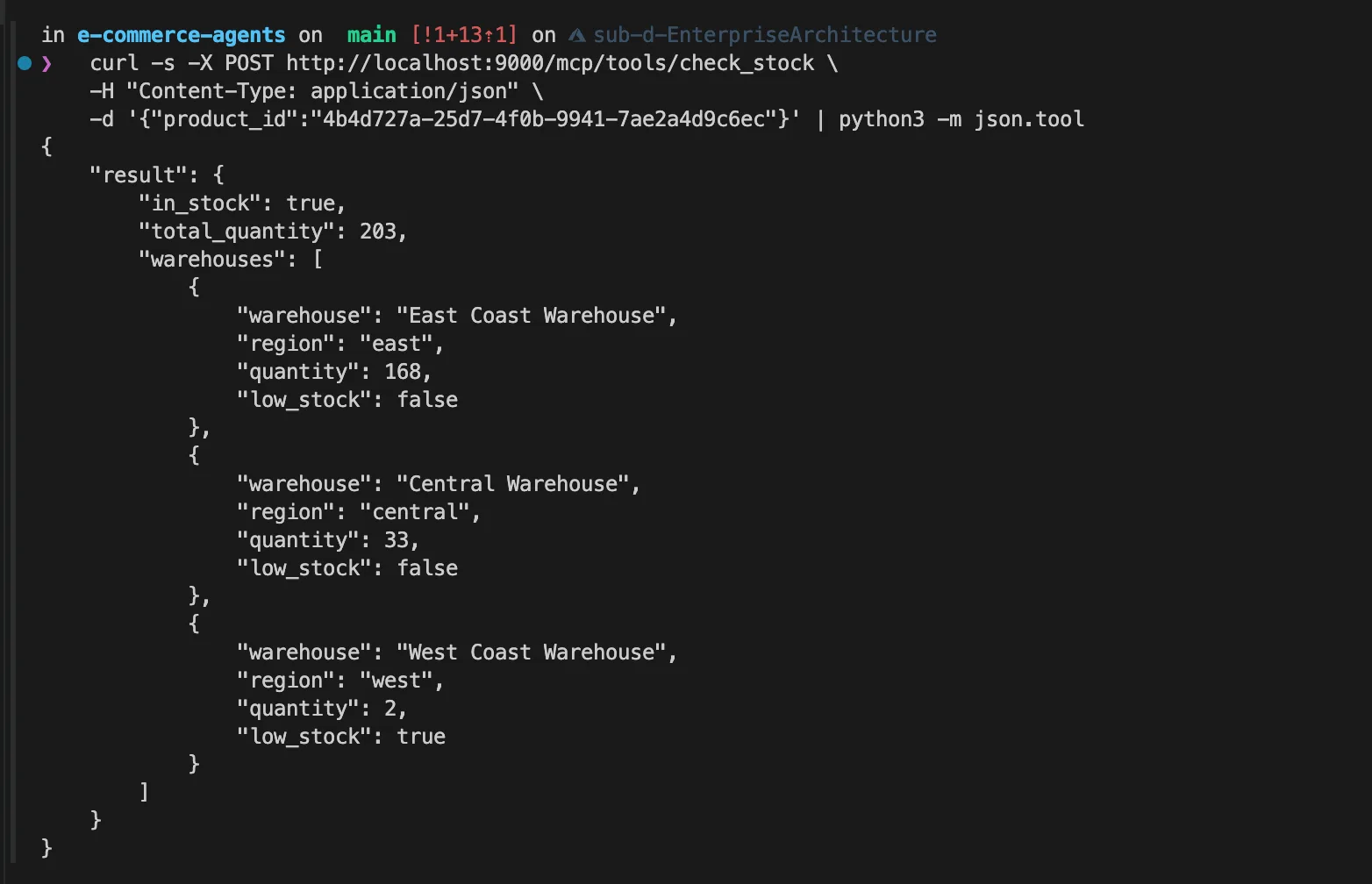 curl response from /mcp/tools/check_stock showing warehouse inventory data
