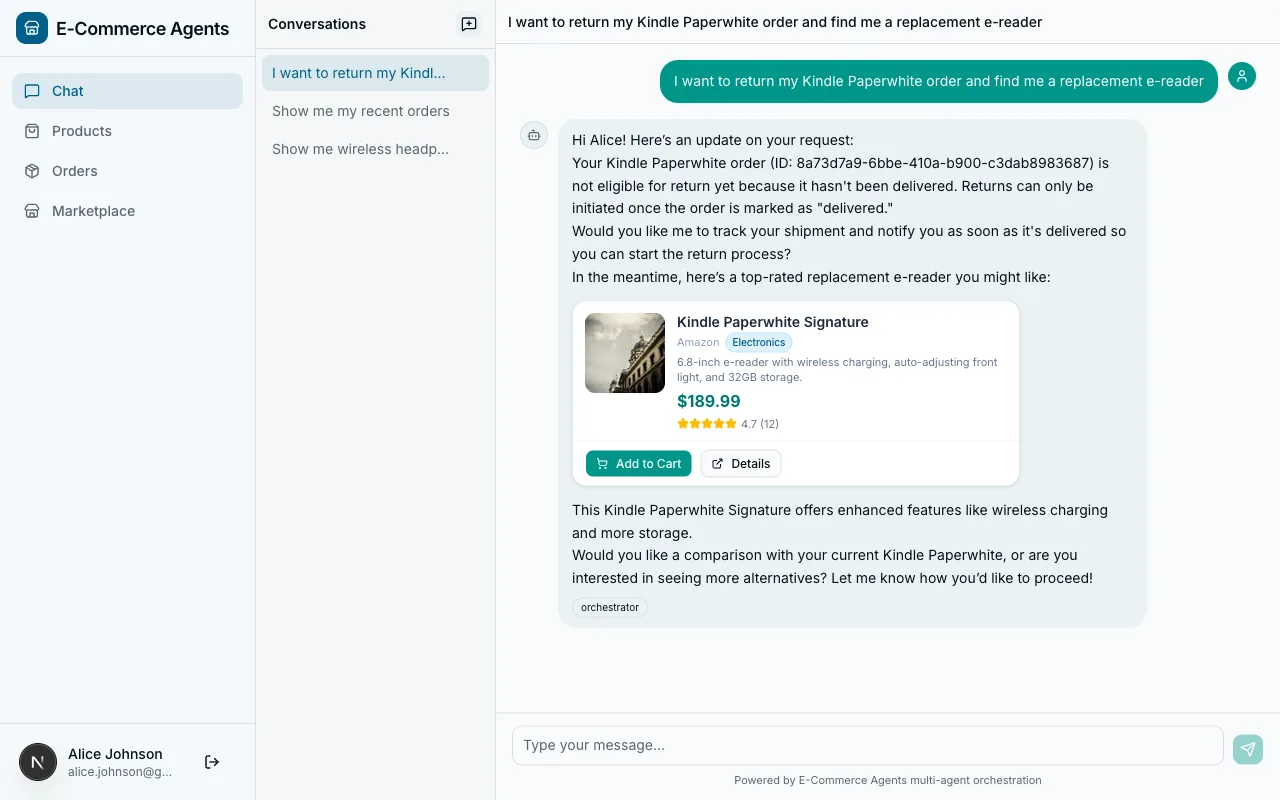 Chat showing return confirmation and replacement product suggestions