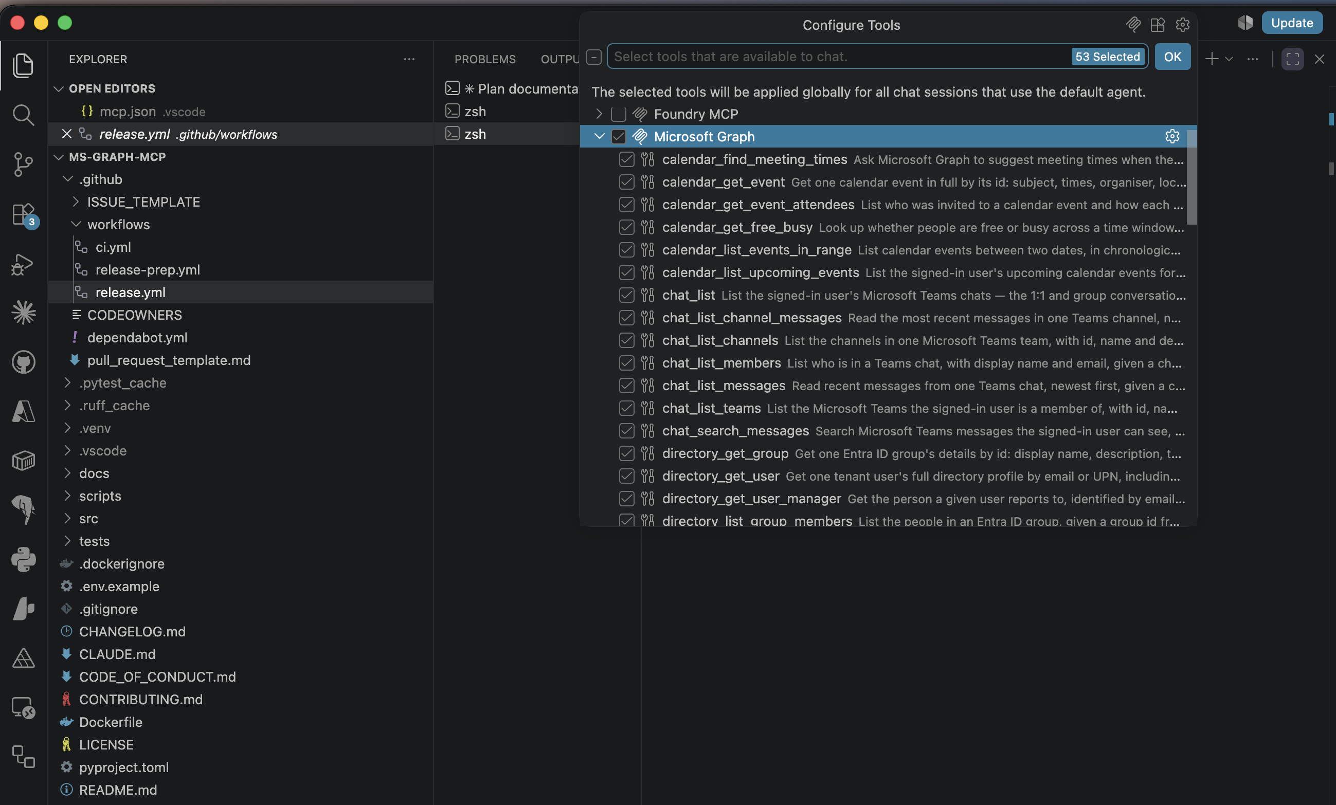 The ms-graph-mcp tools listed in VS Code’s Configure Tools panel