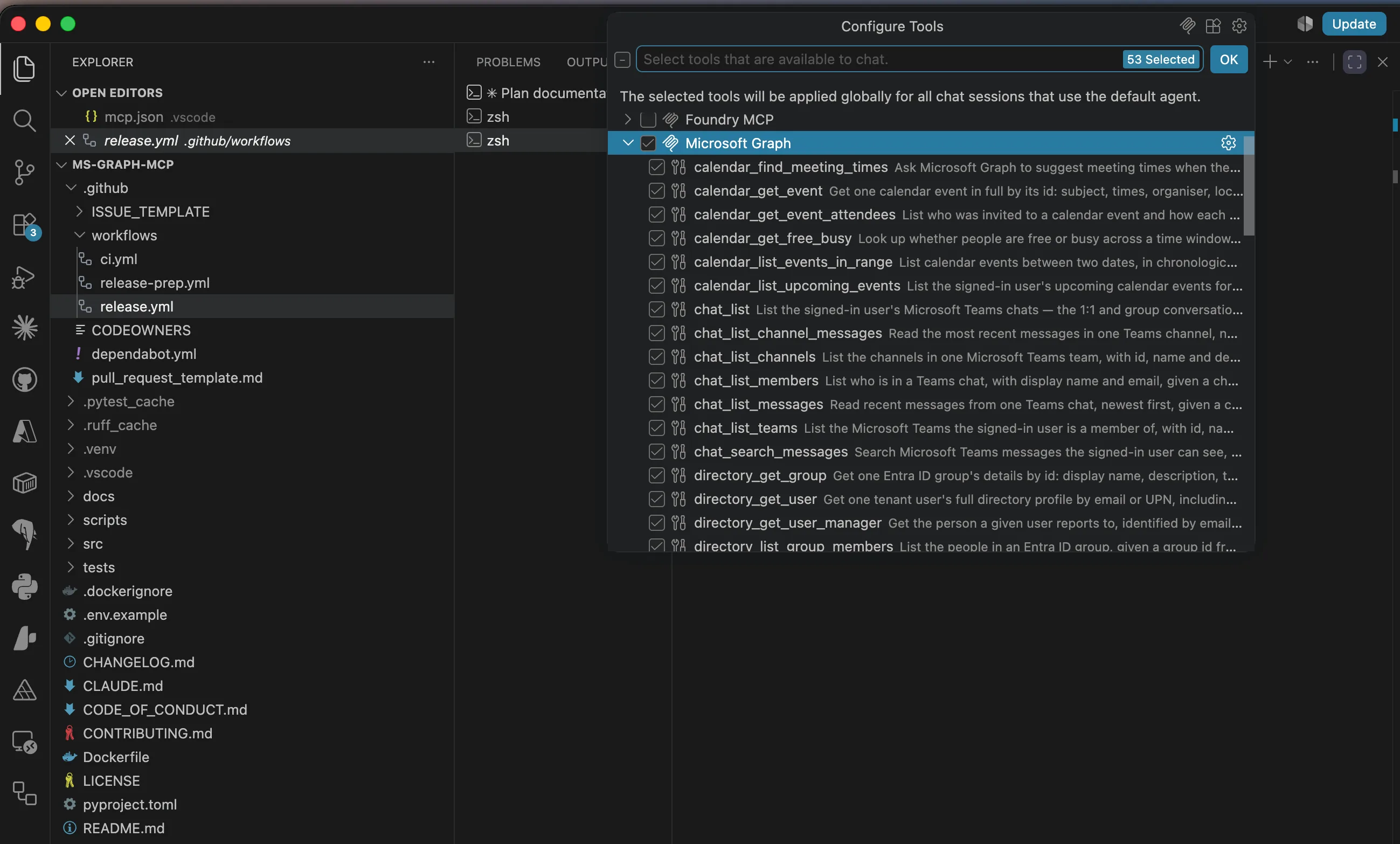 The ms-graph-mcp tools listed in VS Code&rsquo;s Configure Tools panel