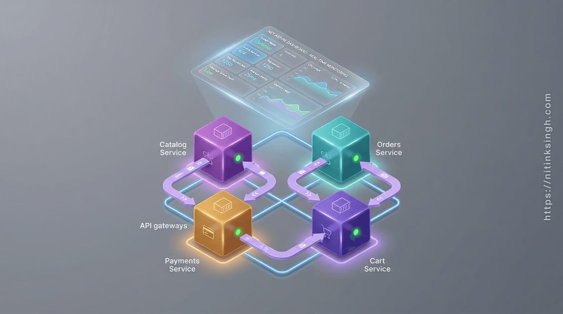 .NET Aspire e-commerce architecture — Blazor frontend, five APIs, PostgreSQL, Redis, and RabbitMQ orchestrated by the Aspire AppHost