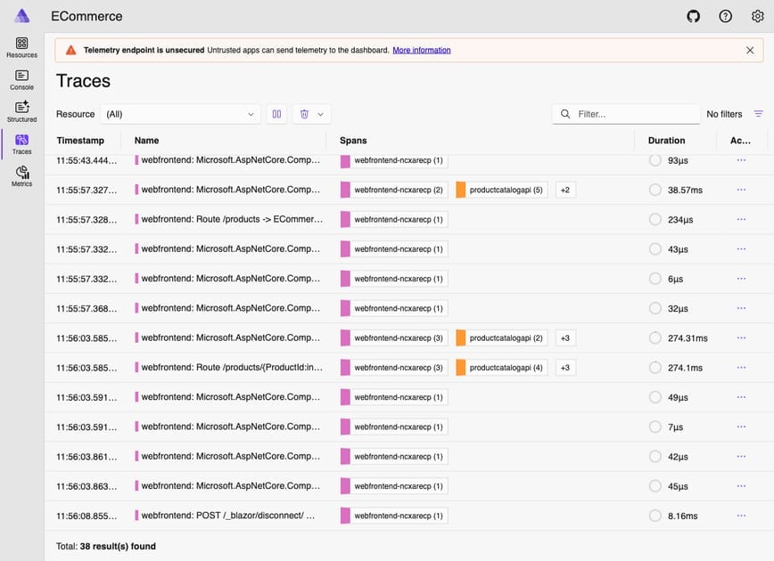 Aspire Dashboard Traces tab showing 38 distributed traces including multi-service traces spanning webfrontend, productcatalogapi, inventoryapi, redis, and postgres