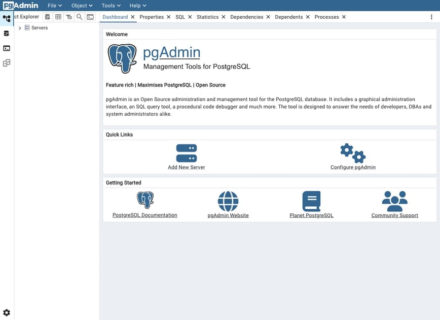 PgAdmin 4 welcome dashboard with Servers tree in the left panel