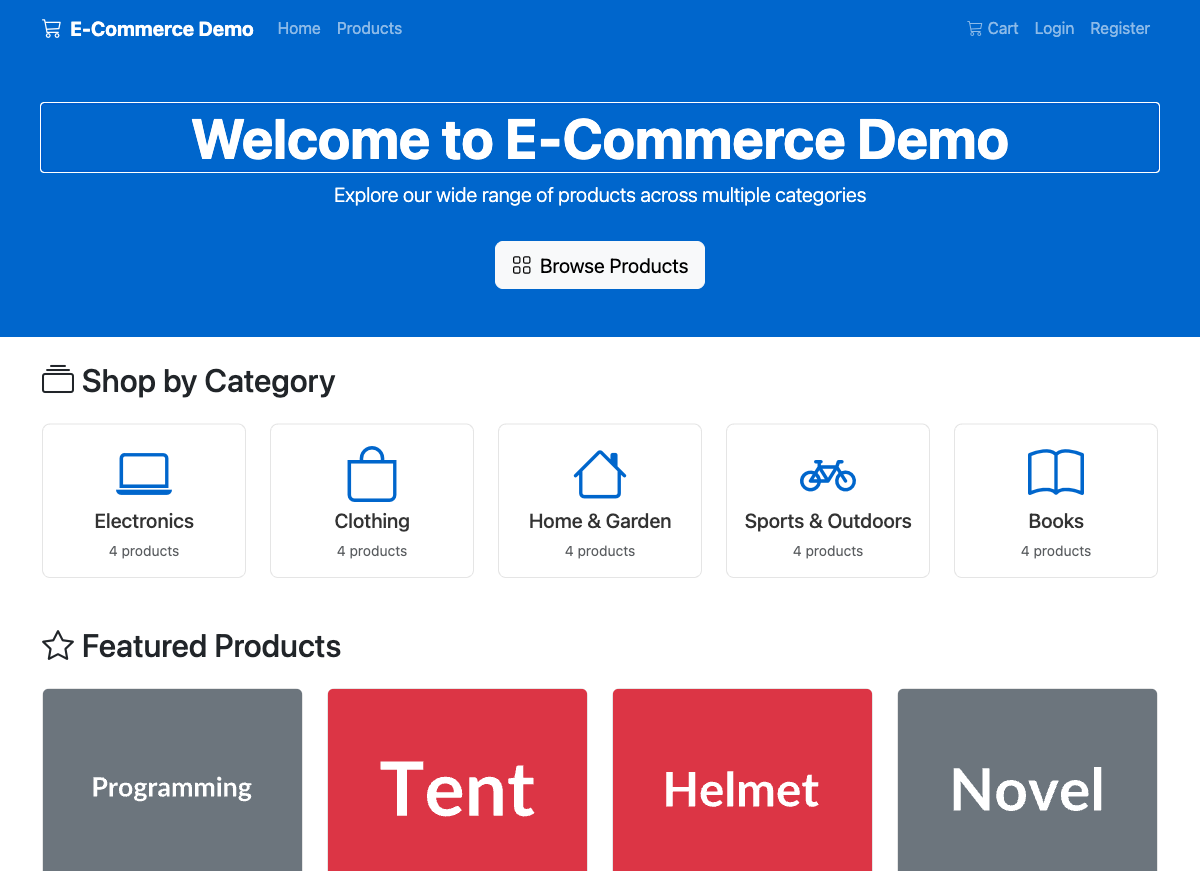 Blazor e-commerce frontend home page with category cards and featured products