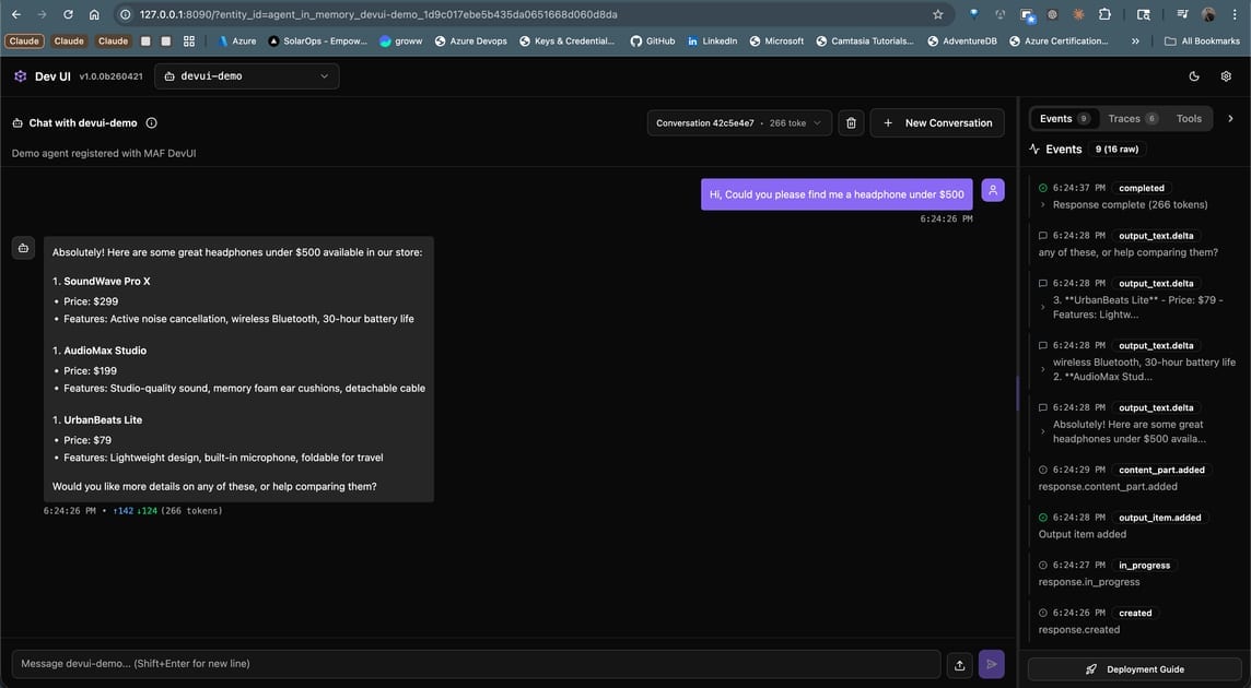 DevUI dashboard during a live run: chat pane on the left showing the devui-demo agent answering a product-recommendation prompt, Events tab on the right streaming response.created → output_text.added → completed as the tokens arrive