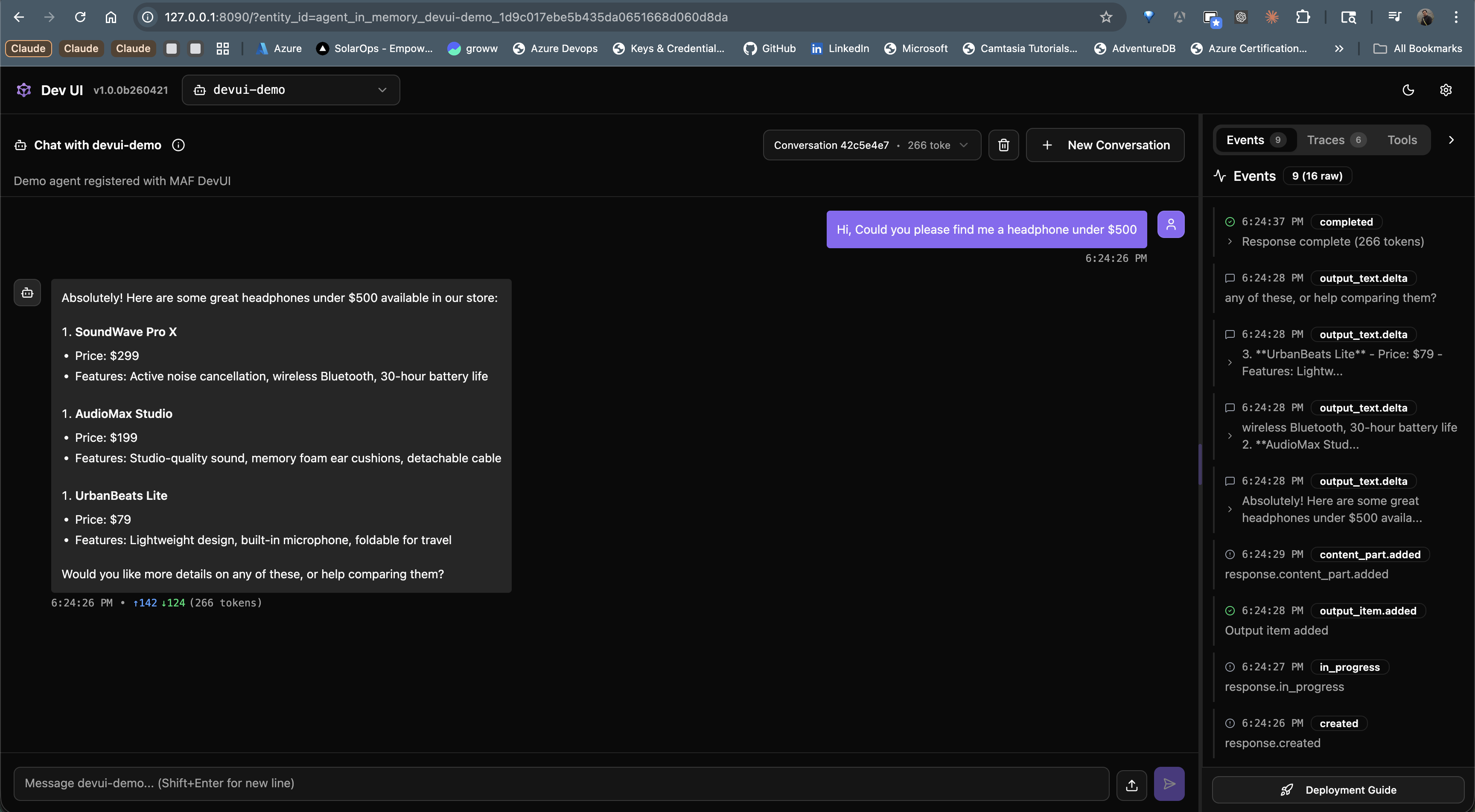 DevUI dashboard during a live run — chat pane on the left showing the devui-demo agent answering a product-recommendation prompt, Events tab on the right streaming response.created → output_text.added → completed as the tokens arrive